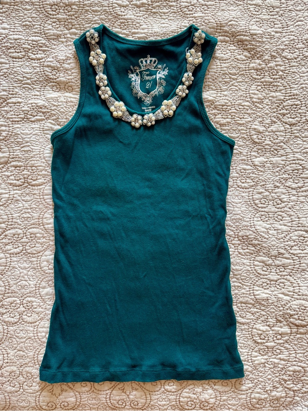 Vintage Forever 21 emerald green beaded rhinestone pearl tank top